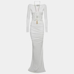 Pre Owned Elisabetta Franchi White Jersey Cut -Out Chain Detail Maxi Dress S 
