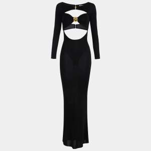 Pre Owned Elisabetta Franchi Black Jersey Cut -Out Jewel Clasp Maxi Dress S
