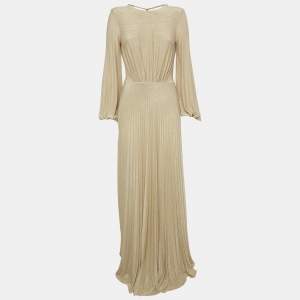 Pre Owned Elisabetta Franchi Beige Lurex Knit Plisse Maxi Dress S