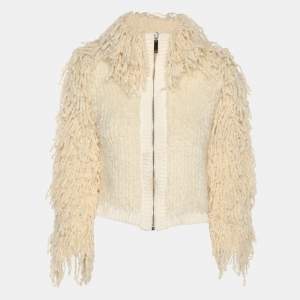 Pre Owned Elisabetta Franchi Cream Knitted Mohair Blend Fringes Cropped Jacket S