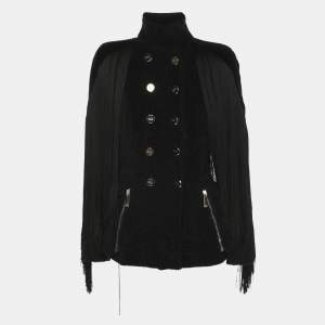 Pre Owned Elisabetta Franchi Black Wool Blend Fringes Buttoned Jacket S
