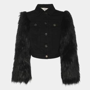 Pre Owned Elisabetta Franchi Black Denim and Faux Fur Cropped Jacket S