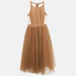 مملوكة مسبقًا Elisabetta Franchi Brown Faux Leather & Mesh Midi Dress M