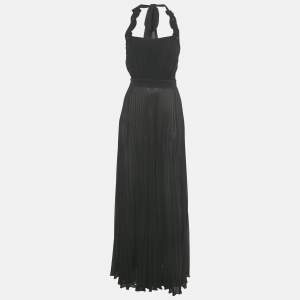 مملوكة مسبقًا Elisabetta Franchi Black Plisse Halter Neck Tie Detail Sheer Dress S