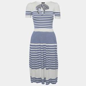 مملوكة مسبقًا Elisabetta Franchi White & Blue Knit Bow Sequin Detail Midi Dress M