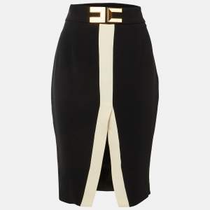 مملوكة مسبقًا Elisabetta Franchi Black /Beige Logo Plaque Crepe Pencil Skirt M