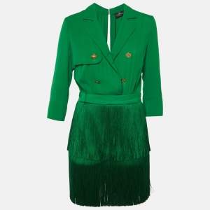 مملوكة مسبقًا Elisabetta Franchi Green Crepe Fringe Detachable Mini Dress M 
