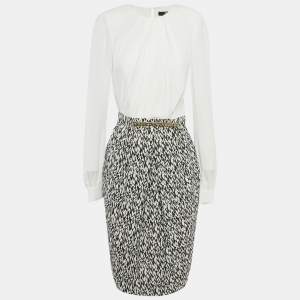 Pre Owned Elisabetta Franchi White & Printed Crepe Midi Dress M