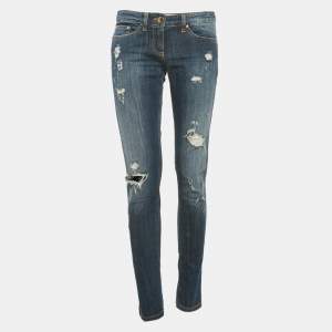 Pre Owned Elisabetta Franchi Nay Blue Distressed Denim Jeans S