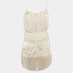 مملوكة مسبقًا فستان إليزابيتا فرانشي قصير من الكريب باللون الذهبي البيج مع شراشيب مقاس متوسط - ميديوم