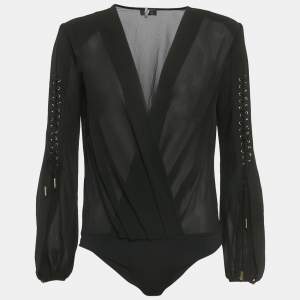 Pre Owned Elisabetta Franchi Black Crepe Long Sleeve Bodysuit M