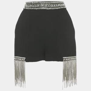 مملوكة مسبقًا Elisabetta Franchi Black Wool Rhinestone Embellished Fringe Shorts M