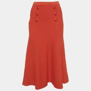Pre Owned Elisabetta Franchi Orange Knit Flared Midi Skirt M