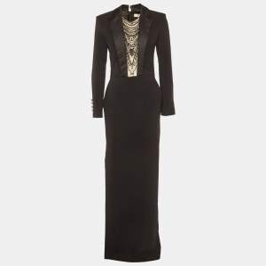 Pre Owned Elisabetta Franchi Black Crepe Embroidered Maxi Dress M