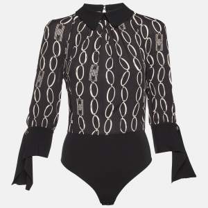 مملوكة مسبقًا Elisabetta Franchi Black Logo Chain Print Crepe Long Sleeve Bodysuit M