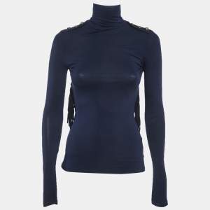 Pre Owned Elisabetta Franchi Navy Blue Jersey Fringe Detail Top S