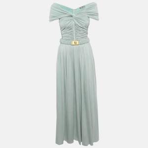 Pre Owned فستان إليزابيتا فرانشي طويل بتفاصيل الكشكشة باللون الأزرق مصنوع من الجيرسي مقاس متوسط (ميديون)