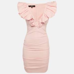 Pre Owned Elisabetta Franchi Pink Checkered Crepe Ruched Mini Dress S