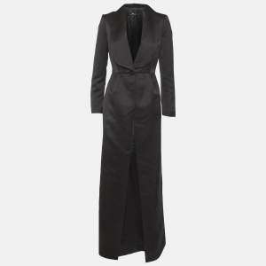 مملوكة مسبقًا Elisabetta Franchi Black Satin Shawl Collar Long Coat M