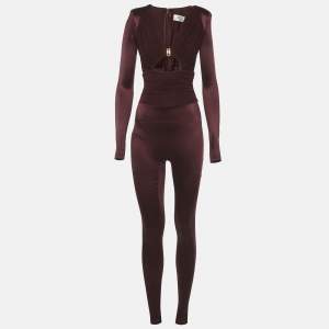 Pre Owned Elisabetta Franchi Burgundy Jersey Cut-Out Detail Jumpsuit S