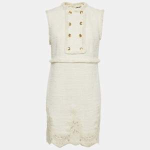 Pre Owned Elisabetta Franchi Off-White Fringed Tweed Sleeveless Mini Dress M