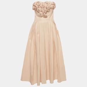 Pre Owned Elisabetta Franchi Powder Pink Rose Applique Gabardine Midi Dress M