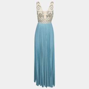 مملوكة مسبقًا Elisabetta Franchi Blue/White Lurex Jersey Embroidered Rhombus Maxi Dress S
