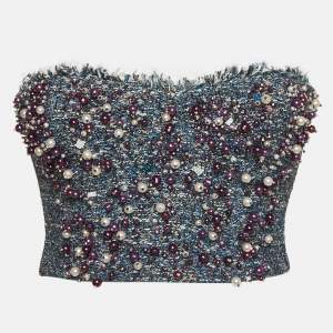 Pre Owned Elisabetta Franchi Blue Tweed Embroidered Bustier Top S