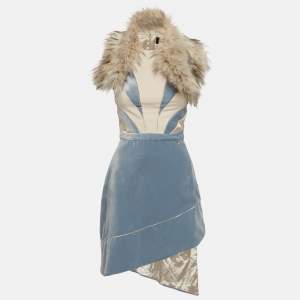 Pre Owned Elisabetta Franchi Blue Fur Trim Velvet Asymmetric Dress S