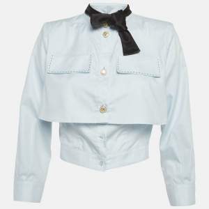 مملوكة مسبقًا Elisabetta Franchi Light Blue Cotton Tie Detail Crop Shirt M