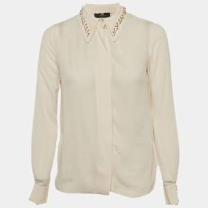 مملوكة مسبقًا Elisabetta Franchi Beige Crepe Studded Collar Shirt S
