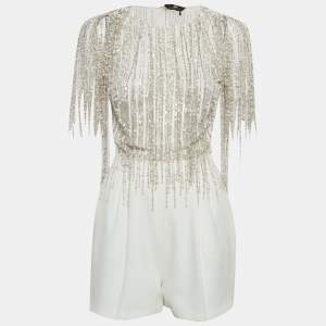 Pre Owned Elisabetta Franchi White Embellished Tulle & Crepe Playsuit M