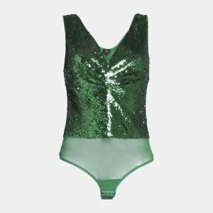Pre Owned Elisabetta Franchi Green Sequin Tulle Sleeveless Bodysuit S