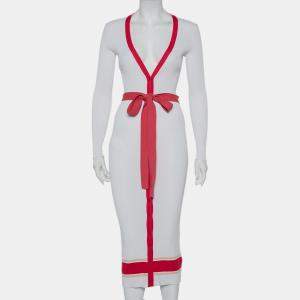 Elisabetta Franchi White Rib Knit Contrast Detail Belted Button Front Dress M