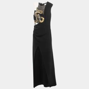 Pre Owned Elisabetta Franchi Black Crepe Snake Embellished Sleeveless Gown M