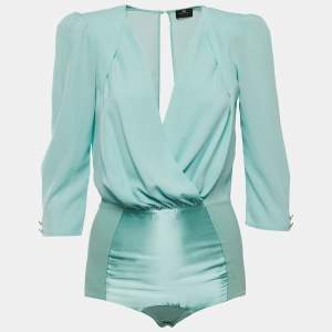 Elisabetta Franchi Blue Crepe & Jersey Draped Long Sleeve Bodysuit M