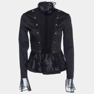 Elisabetta Franchi Black Cotton & Organza Trim Top M