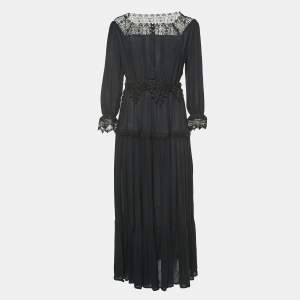 Elisabetta Franchi Black Crepe Lace Trimmed Maxi Dress M
