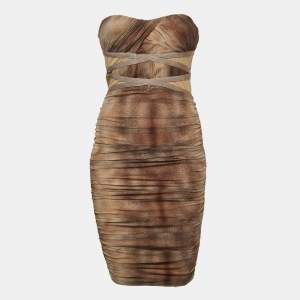 Elisabetta Franchi Beige/Brown Silk Corset Insert Ruched Strapless Mini Dress S