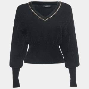Elisabetta Franchi Black Knit Chain Embellished V-Neck Sweater S