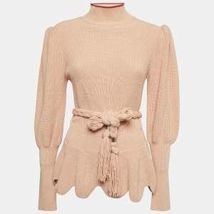 Elisabetta Franchi Light Pink Knit Belted Turtleneck Sweater M
