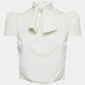 Elisabetta Franchi Off White Stretch Crepe Neck Bow Detailed Bodysuit S