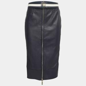 Elisabetta Franchi Navy Blue Faux Leather Belted Midi Skirt M