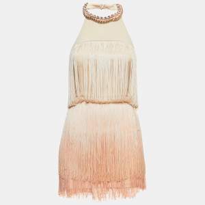 Elisabetta Franchi Orange Nylon Embellished Halter Neck Fringed Mini Dress S