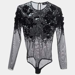 Elisabetta Franchi Black Floral Sequined Tulle Bodysuit S