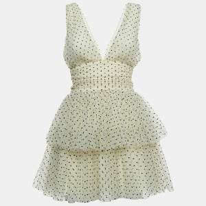 Elisabetta Franchi White Dotted Tulle Plunge Tiered Mini Dress S