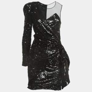Elisabetta Franchi Black Sequined One Shoulder Mini Dress M