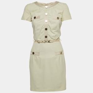 Elisabetta Franchi Cream Crepe Button Detail Belted Mini Dress S