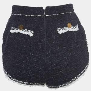 Elisabetta Franchi Navy Blue Tweed Fringed Mini Shorts S
