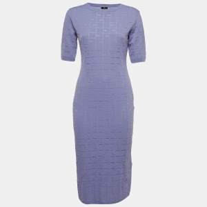 Elisabetta Franchi Light Purple Logo Motif Knit Midi Dress 